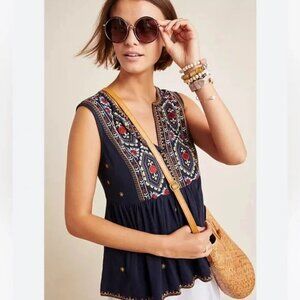 Anthropologie Navy Blue Embroidered Sleeveless Tahlia Top